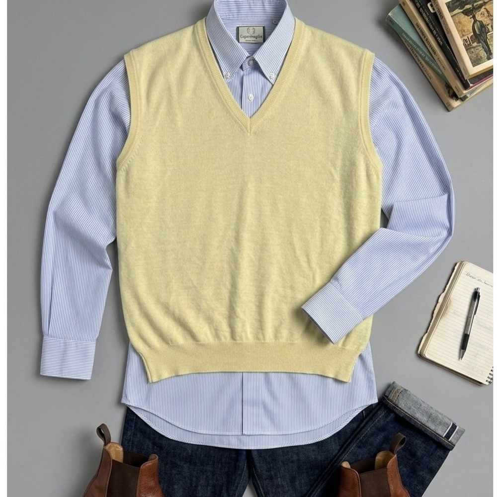 Supermaglia Mens V-Neck Sweater Vest Pale Yellow Made in‎ Italy Fine Knit L
